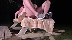 Mature milf takes big cock assfucking outside at night