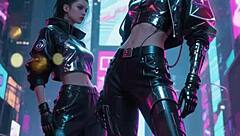 Curvy model poses in sexy future cyberpunk outfits during photoshoot.