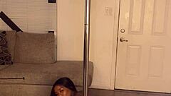 Ebony Divine with huge pole shaking fat ass and big tits on a pole