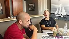 Blonde teen feels intense domination from two monster cocks in rough 3some blowjob session