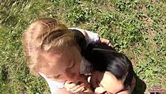 Those Smoking Sluts Moan In Ecstasy During Forest Threesome With Double Cock Sucking