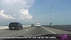 brunette flashes big tits topless in convertible