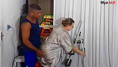 The young blonde housewife took on the black stepson with his big cock on the stairs.