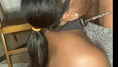 thick ebony slut with large natural tits in fishnets, collared and leashed while fucked