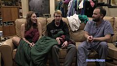 Blonde slut Nova Maverick spreads her shaved pussy wide in latex during that Florida backstage physical checkup