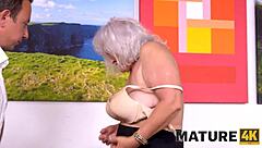 Granny cougar in stockings cheats with young waiter while old man watches as cuckold