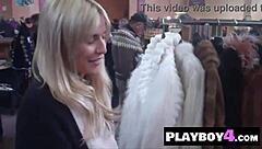 Small tits blonde milf Karina Marie shows stunning ass and poses with sexy stockings!