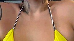 Sweaty blonde at the gym shows wet pussy on Copacabana beach