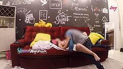 Hot wife Thayksada welcomes the delivery man, letting him fuck her on the sofa and cum in her mouth.