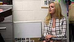 Blonde housewife slut squirts in office from mall cop fingering while masturbating at work.