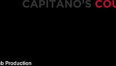 Hot tattooed girl acrobatic on red couch with liz rainbow