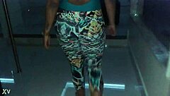 she tried on the new leggings and body, feeling the nylon fabric as hands explored the fit casually