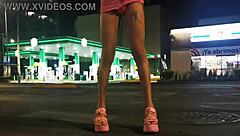 Crossdressing exhibit shows panties under mini skirt