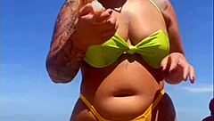 Oh, flashing my big pussy on the beach!