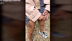 Shemale with ladydick pees in the park casually