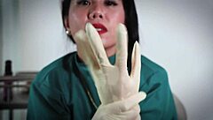 nurse uses latex gloves in hospital fetish play
