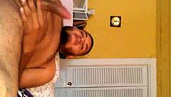 beautiful asian woman gives blowjob and rides big cock of latino man