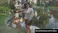 Sexy babe Samantha Grace rubs her shaved pussy with vibrator in Cuban stockings from POV.