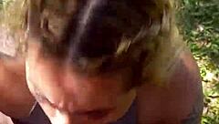 Blonde Gives Blowjob Kisses And Swallows Cum Outdoors