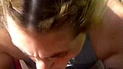 Blonde Gives Blowjob Kisses And Swallows Cum Outdoors
