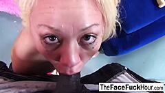 Cute blonde chick gets her face wrecked by two cocks