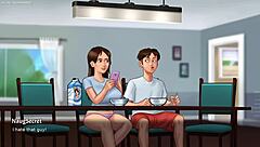 Hot stepmom gets caught sucking something under the table in summertime saga game.