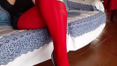 Milf with Beautiful Legs in Red Pantyhose and Black Heels