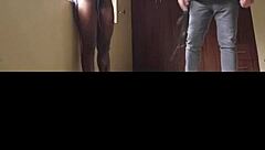 dramatic indoor scene with woman in black leggings