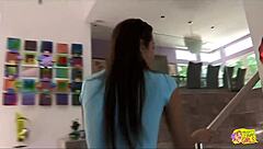 beautiful brunette visits friend for pussy licking and fingering session