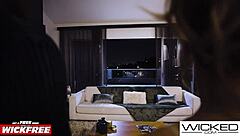 inked brunette licks pussy in threesome.