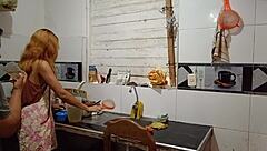 Lonely teen cooks lunch for husband, but he eats her wet pussy instead.