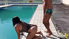 young latina meets dj in pool