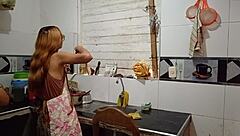 Lonely teen cooks lunch for husband, but he eats her wet pussy instead.