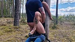 Handcuffed Brunette Housewife Milf On Tree In Public Forest Getting Fucked Good By Muscular Friend!