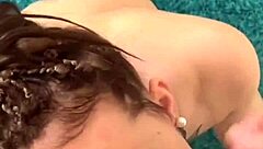 Petite brunette teen model with natural tits rimming deepthroat and messy cum on face