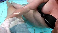 seducing a big cock boy in the pool with my curvy friend