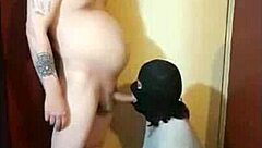 Girlfriend Kelly humiliates me naked on cam while blindfolded, leading to a big cumshot.