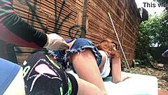 Using a sex toy to fuck her pussy outdoors like a doll.