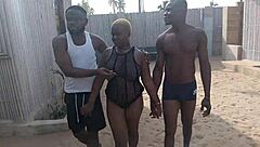 My friend and I fuck this big tits girl we met right on the beach