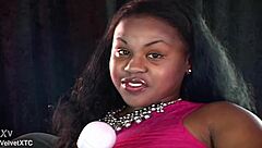 Big ass black teen babe with natural tits shares pretty curvy figure in pov casting interview.