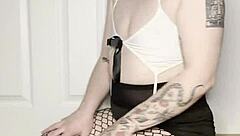 Ftm shows off bouncing on a surface with big trans ass.