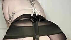 Ftm shows off bouncing on a surface with big trans ass.