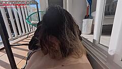 in this outdoor public scene, a cosplay couple does blowjob and creampie with doggystyle riding near the sea