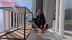 in this outdoor public scene, a cosplay couple does blowjob and creampie with doggystyle riding near the sea