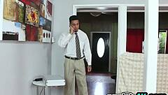 Blonde teen gets punished by riding shaved pussy on cock in garage cowgirl style.