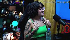 Martina Olivera offers two reais or a mysterious gift in her outdoor public podcast interview. She chats in the shack with teen guests.