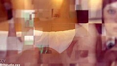 curly asian student in uniform teases with big ass and dildo for your first time wank