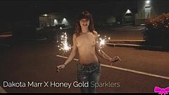 topless outdoors with honey gold and dakota marr flashing petite tits in public party fun!