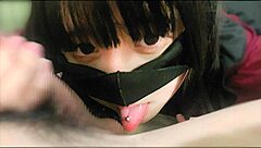 Intimate POV blowjob from a pretty long-haired Japanese brunette babe in the bedroom, leading to rough cum in mouth finish on her tight pussy.