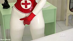 Latex sex goddess in heels does self-spanking and solo masturbation with big tits